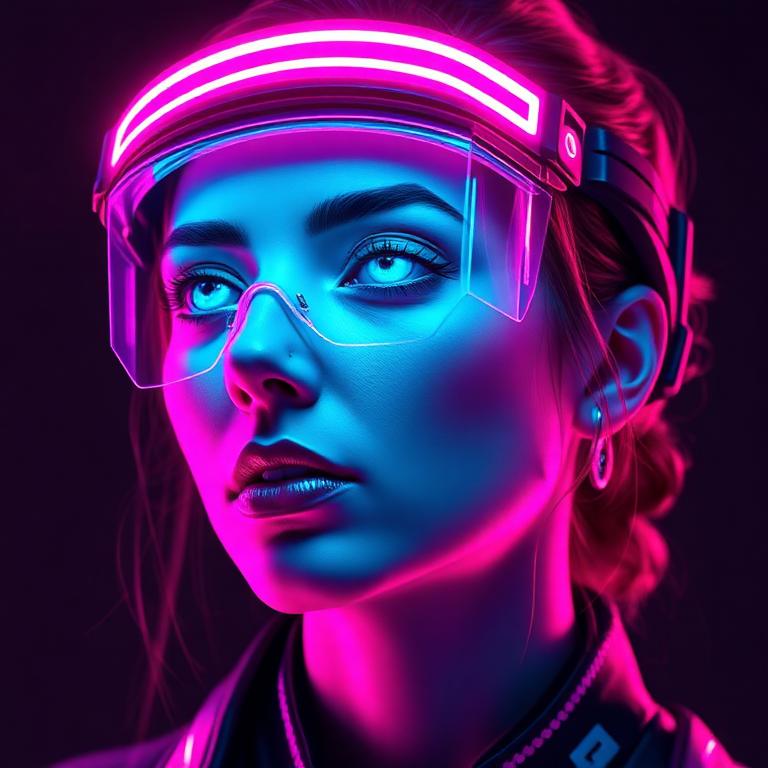 Cyberpunk portrait, holographic visor, magenta rim light