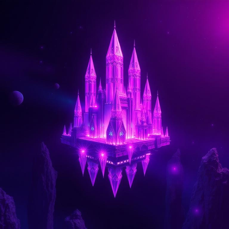 Floating crystal city in dark void, violet glow
