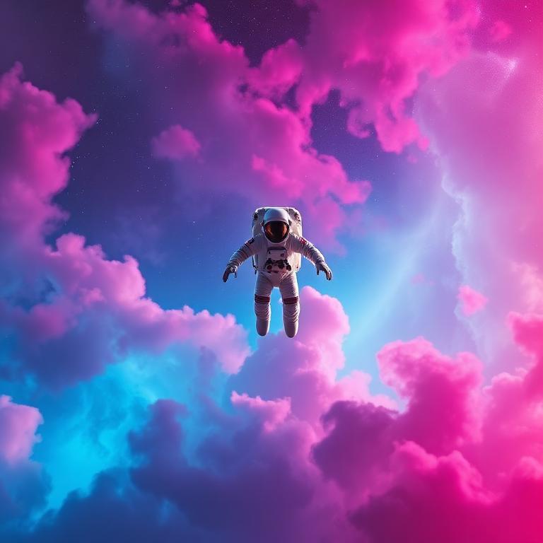 Astronaut drifting through pink nebula clouds