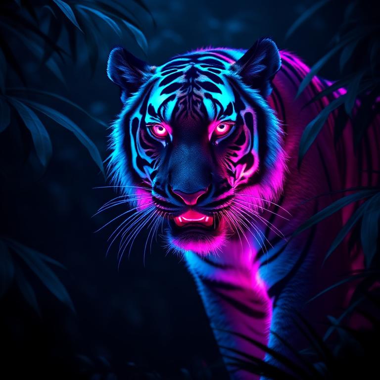 Neon tiger prowling bioluminescent jungle