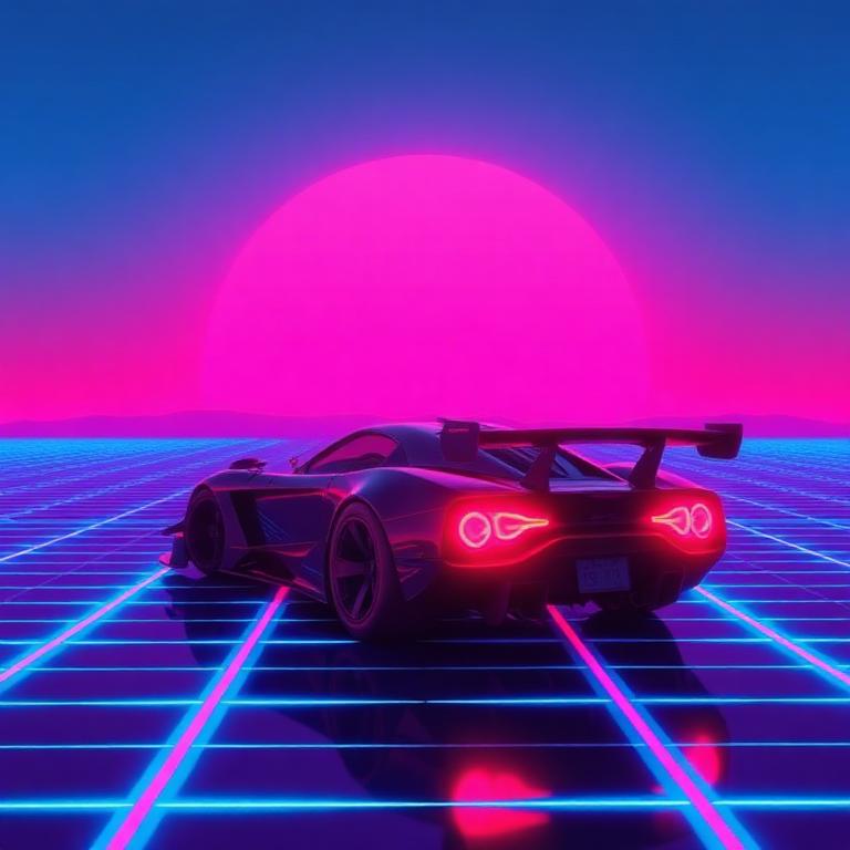 Synthwave sports car on glowing grid road